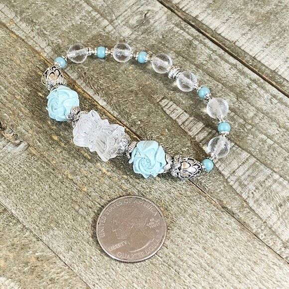 Rock Quartz Double Lotus Bracelet, Shell Powder Blue Flowers - Picture 7 of 7